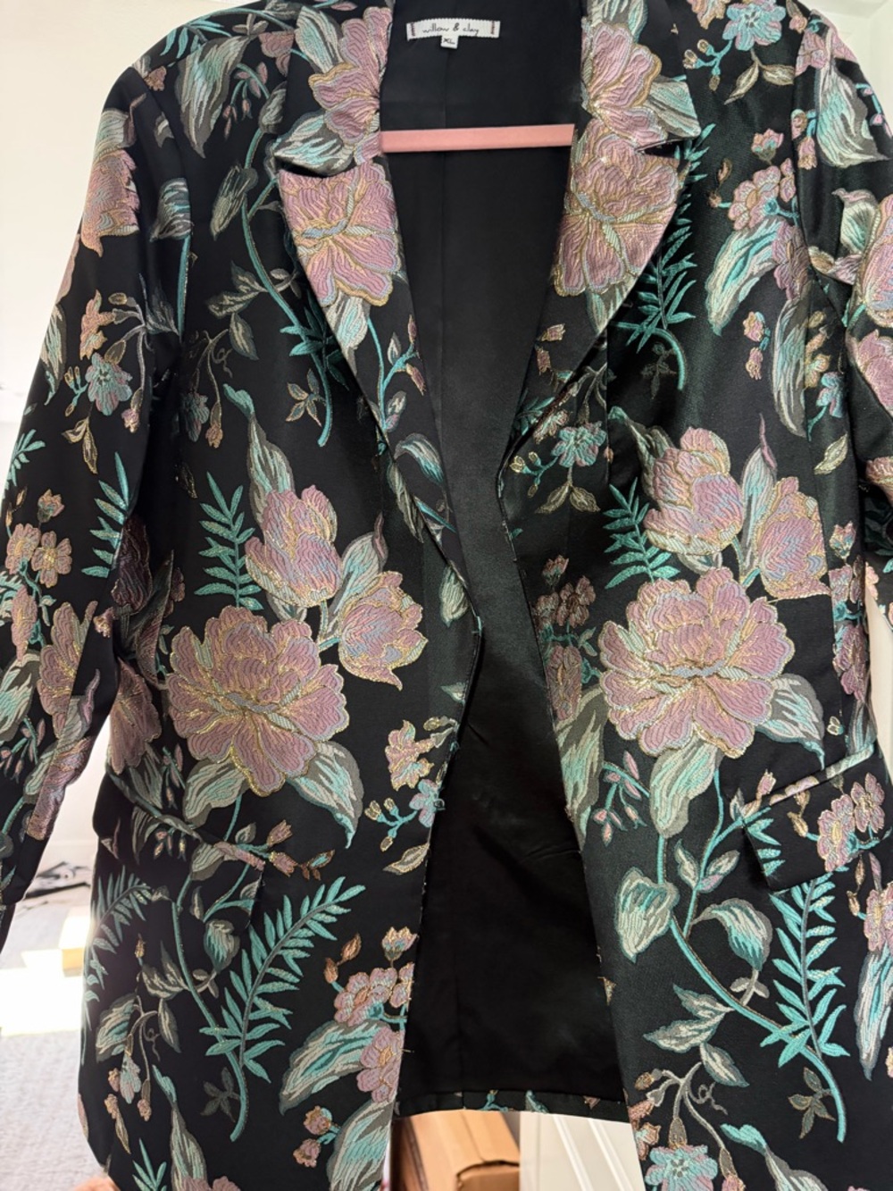 Willow & Clay Black Blazer with Pink and Mint Floral Embroidery